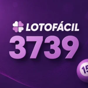 Lotofácil 3739 em destaque sobre fundo roxo com bolas de loteria em estilo minimalista e elementos gráficos de sorte.