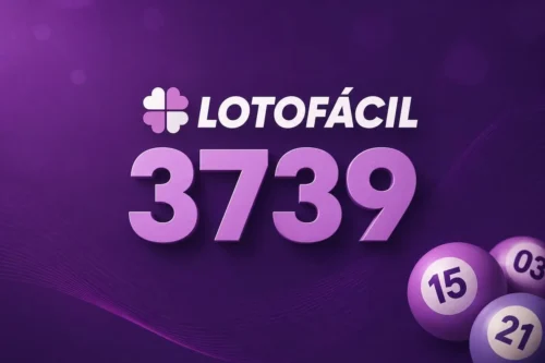 Lotofácil 3739 em destaque sobre fundo roxo com bolas de loteria em estilo minimalista e elementos gráficos de sorte.