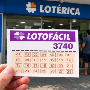 Bilhete da Lotofácil concurso 3740 em primeiro plano, segurado em frente a uma casa lotérica com clientes ao fundo.