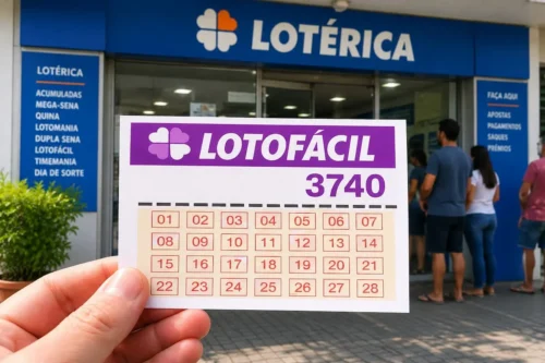 Bilhete da Lotofácil concurso 3740 em primeiro plano, segurado em frente a uma casa lotérica com clientes ao fundo.