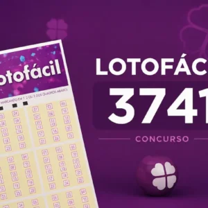 Lotofácil 3741 com cartela de aposta em destaque sobre fundo roxo em estilo minimalista relacionado a loterias.