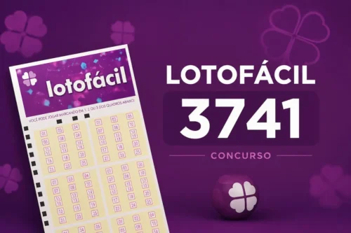 Lotofácil 3741 com cartela de aposta em destaque sobre fundo roxo em estilo minimalista relacionado a loterias.