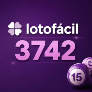 Lotofácil 3742 em destaque sobre fundo roxo com bolas de loteria, em composição minimalista relacionada a sorteios.