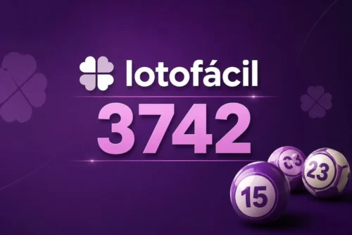 Lotofácil 3742 em destaque sobre fundo roxo com bolas de loteria, em composição minimalista relacionada a sorteios.