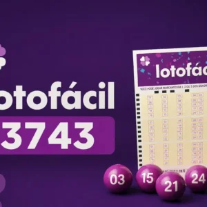 Ilustração minimalista da Lotofácil 3743 com cartela, bolas de sorteio e fundo roxo escuro relacionado a loterias.