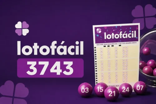 Ilustração minimalista da Lotofácil 3743 com cartela, bolas de sorteio e fundo roxo escuro relacionado a loterias.