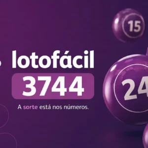Lotofácil 3744 em destaque com bolas numeradas e fundo roxo em composição minimalista.