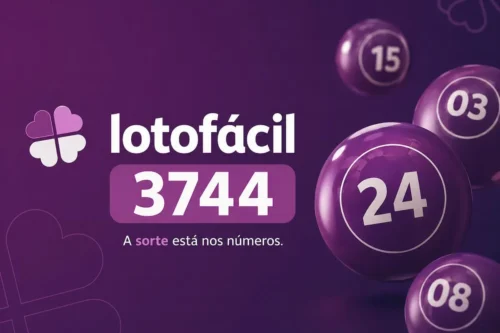 Lotofácil 3744 em destaque com bolas numeradas e fundo roxo em composição minimalista.