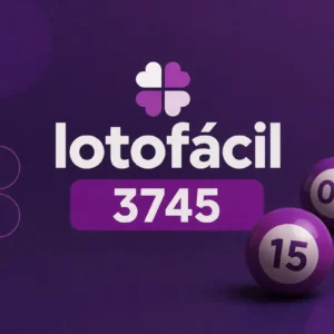 Lotofácil 3745 em destaque com bolas numeradas sobre fundo roxo.