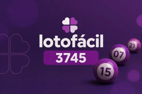 Lotofácil 3745 em destaque com bolas numeradas sobre fundo roxo.