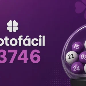 Lotofácil 3746 em destaque, com bolas numeradas e máquina de sorteio em fundo roxo.