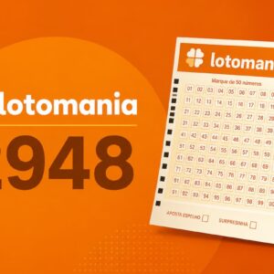Ilustração minimalista da Lotomania 2948 com cartela de aposta em fundo laranja e destaque para o número do concurso.