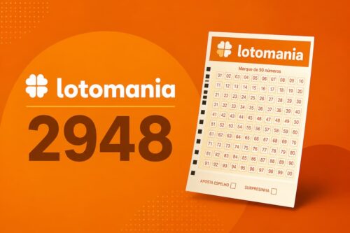 Ilustração minimalista da Lotomania 2948 com cartela de aposta em fundo laranja e destaque para o número do concurso.