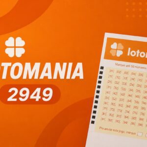 Ilustração minimalista da Lotomania 2949 com fundo em tons de laranja, cartela de aposta estilizada e destaque para o concurso.
