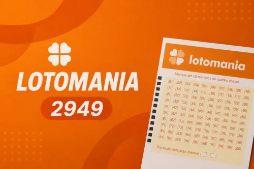 Ilustração minimalista da Lotomania 2949 com fundo em tons de laranja, cartela de aposta estilizada e destaque para o concurso.