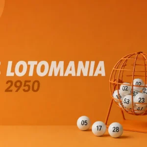 Ilustração minimalista da Lotomania 2950 com globo de sorteio e bolas numeradas sobre fundo laranja escuro.