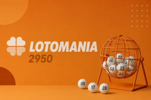 Ilustração minimalista da Lotomania 2950 com globo de sorteio e bolas numeradas sobre fundo laranja escuro.