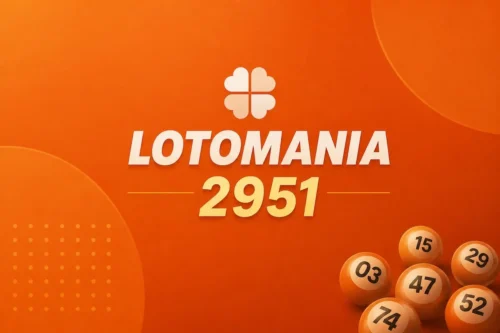 Ilustração minimalista da Lotomania 2951 com fundo escuro em tons de roxo e bolas numeradas de loteria.