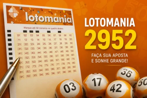Lotomania 2952 com cartela de aposta e bolas numeradas sobre fundo laranja, ilustrando concurso de loteria.