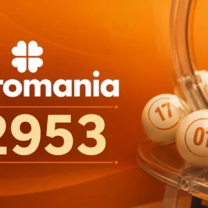 Lotomania 2953 com bolas numeradas em máquina de sorteio sobre fundo laranja em estilo minimalista relacionado a loterias.