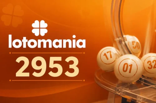 Lotomania 2953 com bolas numeradas em máquina de sorteio sobre fundo laranja em estilo minimalista relacionado a loterias.