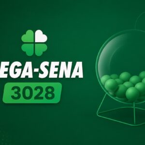 Ilustração minimalista da Mega-Sena 3028 com fundo verde escuro, logotipo, número do concurso e globo de sorteio sem dezenas.