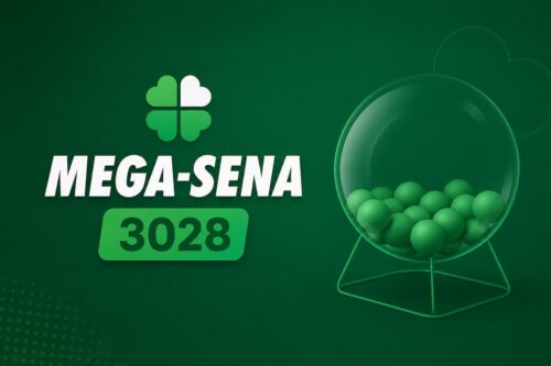 Ilustração minimalista da Mega-Sena 3028 com fundo verde escuro, logotipo, número do concurso e globo de sorteio sem dezenas.