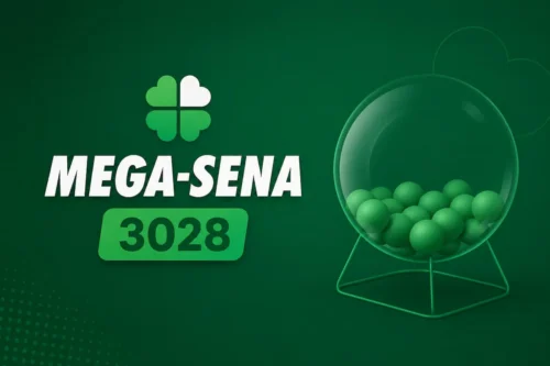 Ilustração minimalista da Mega-Sena 3028 com fundo verde escuro, logotipo, número do concurso e globo de sorteio sem dezenas.