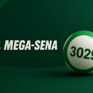 Ilustração minimalista da Mega-Sena 3029 com bola de loteria e logotipo sobre fundo verde escuro.