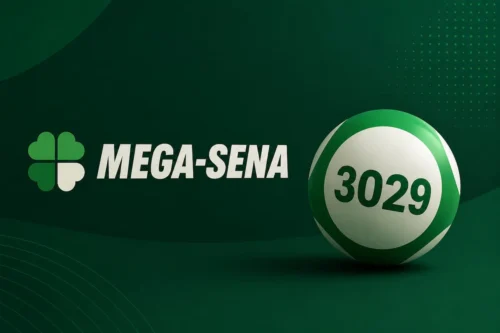 Ilustração minimalista da Mega-Sena 3029 com bola de loteria e logotipo sobre fundo verde escuro.