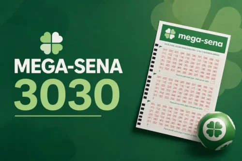 Ilustração minimalista da Mega-Sena 3030 com fundo verde, volante de aposta e elementos gráficos da loteria.