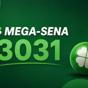 Ilustração minimalista da Mega-Sena 3031 com fundo verde escuro, número do concurso em destaque e esfera verde.