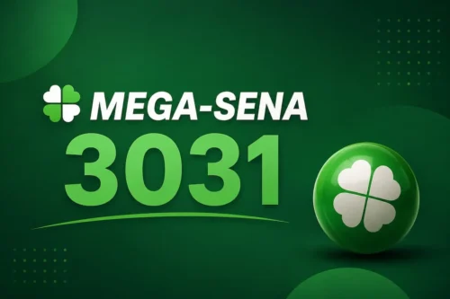 Ilustração minimalista da Mega-Sena 3031 com fundo verde escuro, número do concurso em destaque e esfera verde.