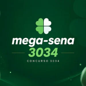 Mega-Sena 3034 em destaque sobre fundo verde escuro com bolas de loteria desfocadas e design minimalista, sem cartela.
