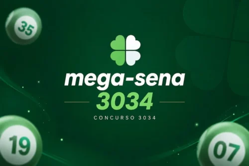 Mega-Sena 3034 em destaque sobre fundo verde escuro com bolas de loteria desfocadas e design minimalista, sem cartela.