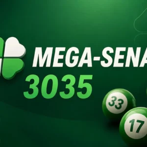 Ilustração minimalista da Mega-Sena 3035 com bolas de sorteio sobre fundo verde escuro, sem cartela de apostas.