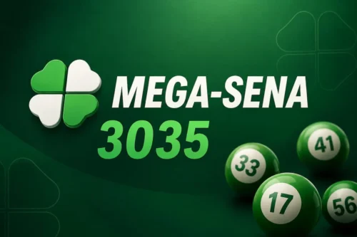 Ilustração minimalista da Mega-Sena 3035 com bolas de sorteio sobre fundo verde escuro, sem cartela de apostas.