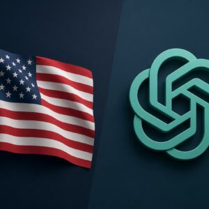 Bandeira dos Estados Unidos ao lado do logotipo da OpenAI em ilustração sobre inteligência artificial.