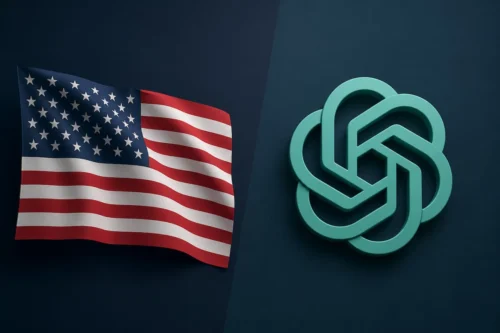 Bandeira dos Estados Unidos ao lado do logotipo da OpenAI em ilustração sobre inteligência artificial.