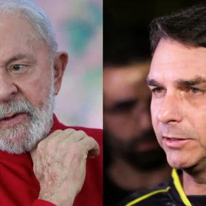 Lula e Flávio Bolsonaro em montagem sobre pesquisa BTG/Nexus para as eleições presidenciais de 2026.