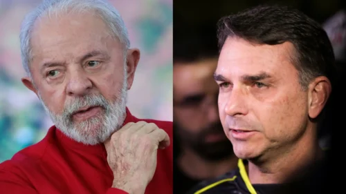 Lula e Flávio Bolsonaro em montagem sobre pesquisa BTG/Nexus para as eleições presidenciais de 2026.