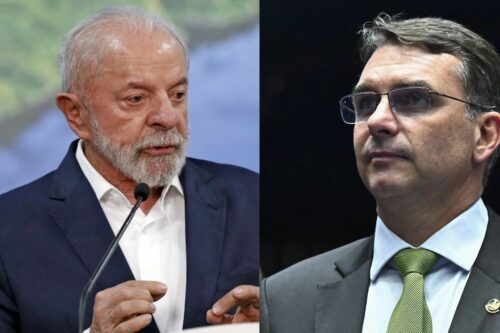 Pesquisa Quaest mostra Lula e Flávio Bolsonaro em montagem lado a lado durante levantamento de intenção de voto.
