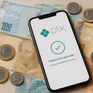 Celular com tela do Pix exibindo pagamento aprovado sobre notas e moedas de real brasileiro em composição minimalista.