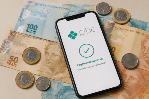 Celular com tela do Pix exibindo pagamento aprovado sobre notas e moedas de real brasileiro em composição minimalista.