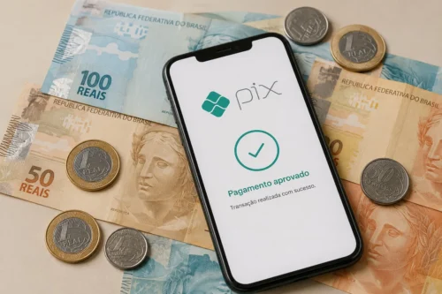 Celular com tela do Pix exibindo pagamento aprovado sobre notas e moedas de real brasileiro em composição minimalista.