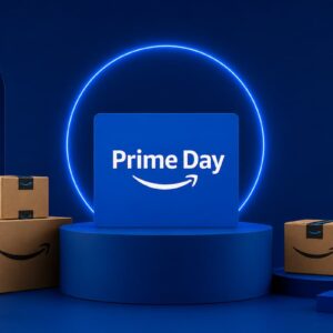 Caixas da Amazon e painel Prime Day em cenário minimalista azul, representando ofertas exclusivas do evento.