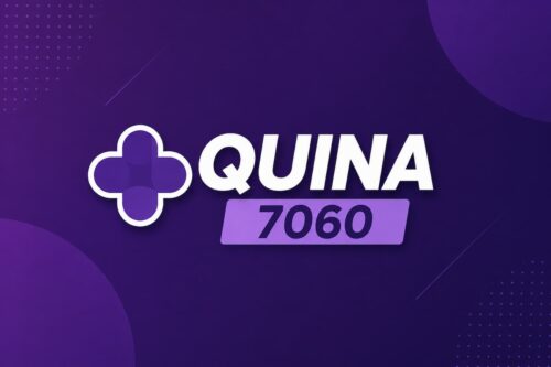 Banner minimalista da Quina 7060 com fundo roxo escuro, logotipo da loteria e destaque para o número do concurso.