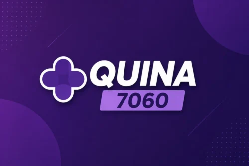 Banner minimalista da Quina 7060 com fundo roxo escuro, logotipo da loteria e destaque para o número do concurso.