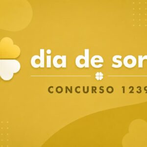 Ilustração minimalista em tons de amarelo com trevo estilizado e texto "Dia de Sorte – Concurso 1239" sobre fundo dourado.