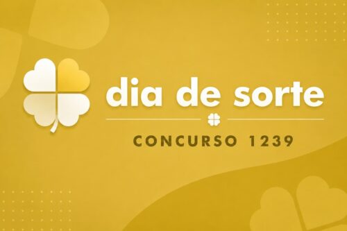 Ilustração minimalista em tons de amarelo com trevo estilizado e texto "Dia de Sorte – Concurso 1239" sobre fundo dourado.